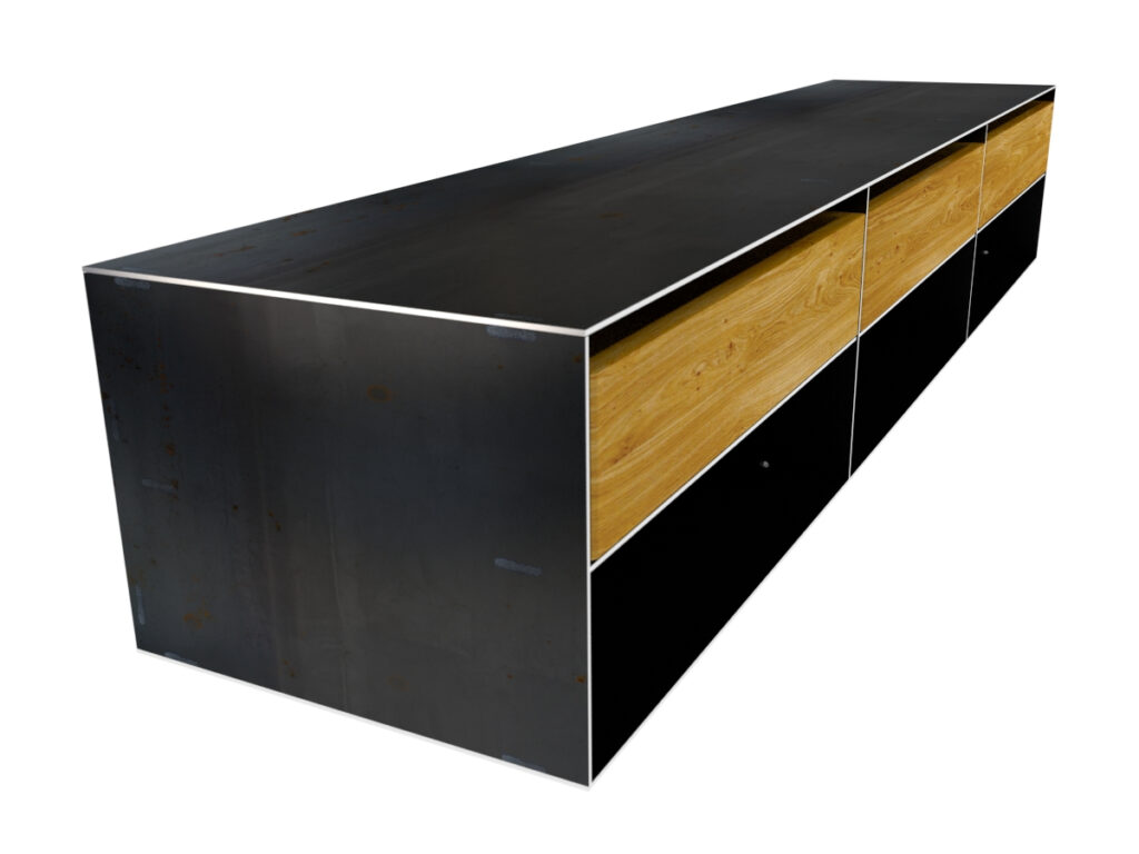 Sideboard Metall modern und minimalistisch in Zunderstahloptik und Massivholz Rohmetall Sideboard