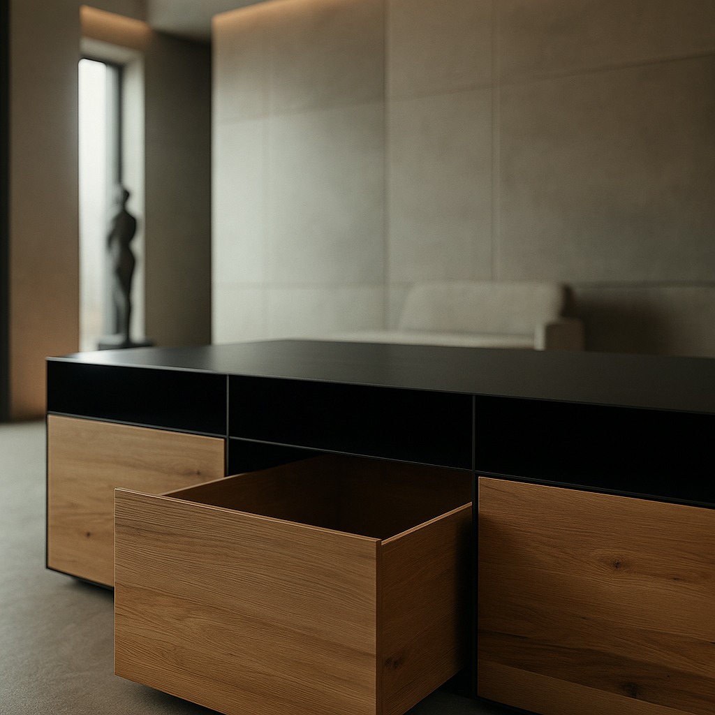 Medienmöbel Zunderstahl mit geöffneter Vollholzschublade, 150×60×60 cm